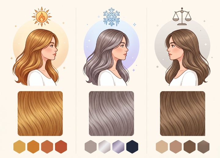 Tons de cabelo quentes, frios e neutros