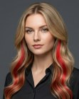 Cabelo loiro com mechas vermelhas e laranjas