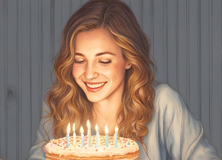 Um bolo de anivers&aacute;rio, velas e cabelo longo prestes a pegar fogo